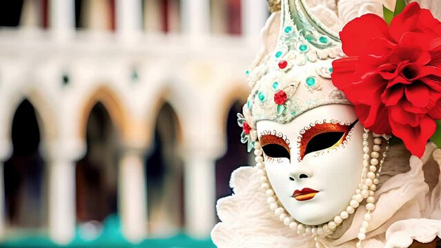 Pearson in venetian mask with pearls and red flower, evokes mystery and opulence of masquerade. Blurred historic architecture in background suggests romantic setting of Venice carnival