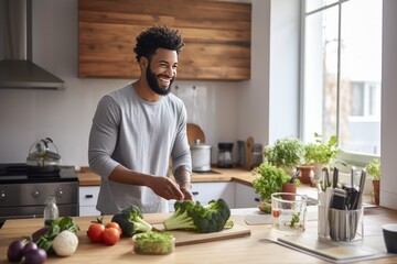 Muscular handsome african american man make breakfast from healthy food and vegetables in the kitchen at home . - 696414509