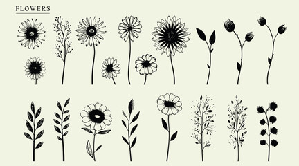 Retro Photocopy Y2K Design: Trendy Floral Elements - Chamomile, Sunflower, Dandelion with Vector Halftone Texture for Modern Collages, flowers set, flower decoration