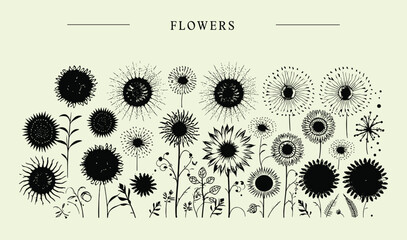 Retro Photocopy Y2K Design: Trendy Floral Elements - Chamomile, Sunflower, Dandelion with Vector Halftone Texture for Modern Collages, flowers set, flower decoration
