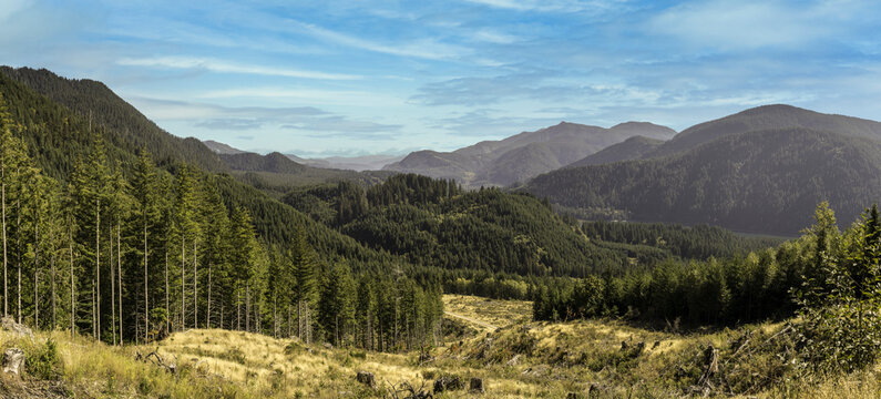 Panoramic view of the mountains and valley near Merrill Lake at Rd81 at Cowlitz county, Washington, USA.