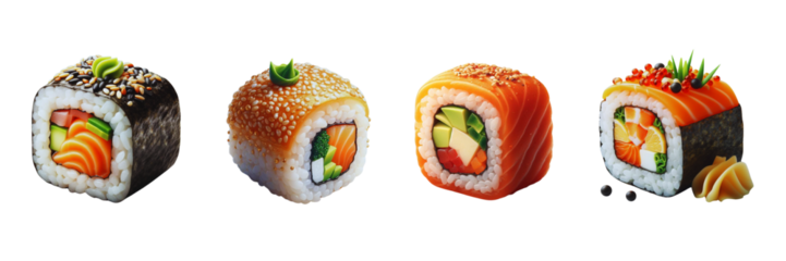 Set of photo of single sushi roll, isolated over on white background