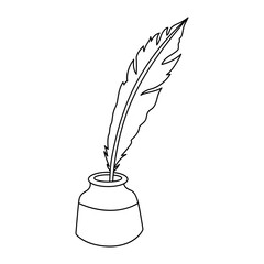 feather pen and ink isolated on a white background. Vector illustration in outline style. Use for cards, logo, decorations, invitations, boho design.