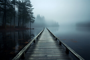 Fototapeta na wymiar Wooden walkway on a foggy lake