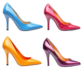 A set of women's multi-colored high-heeled shoes. Isolated on a transparent background.