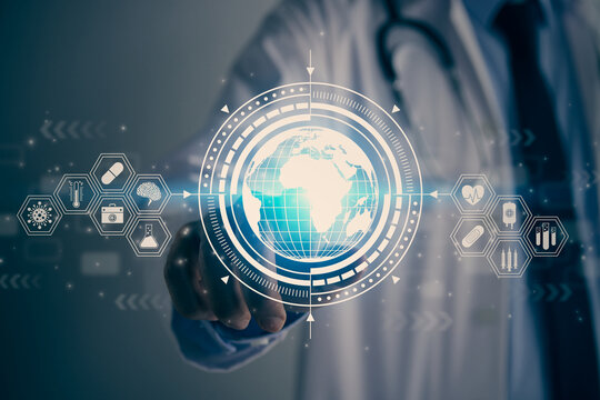 Doctor Hand and Finger Touch Screen Blue Globe and World or Earth Hud and Medical Equipment Icon. Medical Technology,Innovation,Science and Healthcare Concept in Vintage Tone