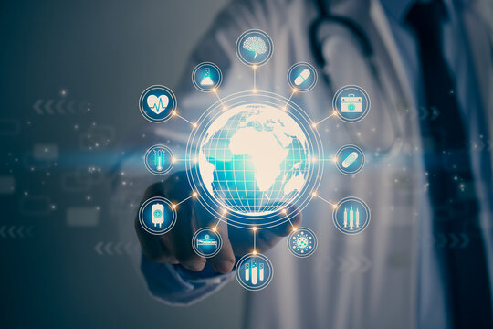 Doctor Hand and Finger Touch Screen Blue Globe and World or Earth and Medical Equipment Icon. Medical Technology,Innovation,Science and Healthcare Concept in Vintage Tone