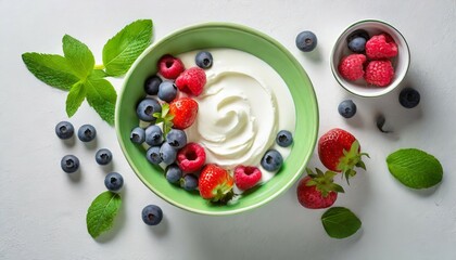 green bowl of greek yogurt and fresh berries on white background top view
