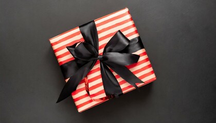 black friday banner with gift box wrapped in red striped paper and tied with black bow on black background top view
