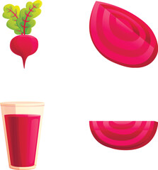 Beet juice icons set cartoon vector. Fresh ripe beetroot and juice in glass. Organic vegetable