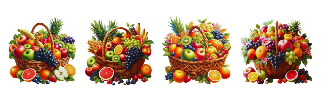 Set of Fresh colorful fruits in the basket, isolated over on transparent white background