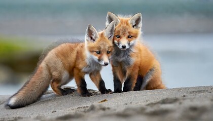 wild baby red foxes cuddling at the beach june 2020 nova scotia canada - obrazy, fototapety, plakaty