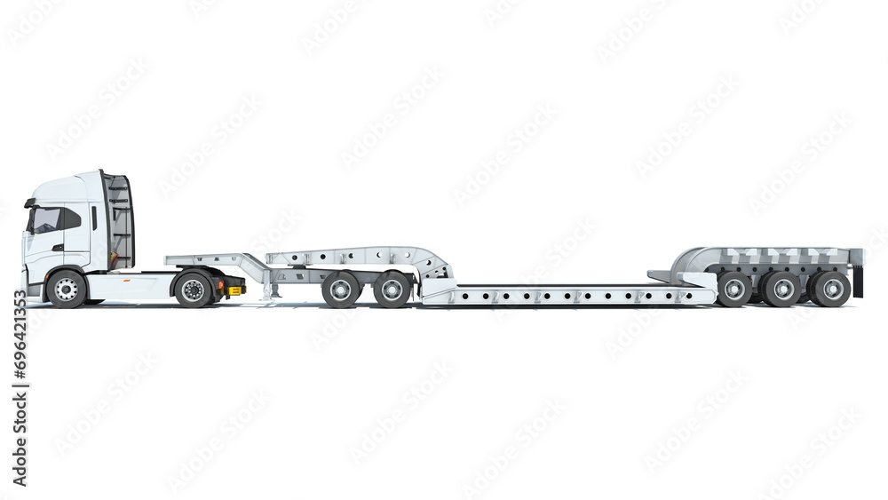 Sticker Semi Truck with Lowboy Platform Trailer 3D rendering on white background