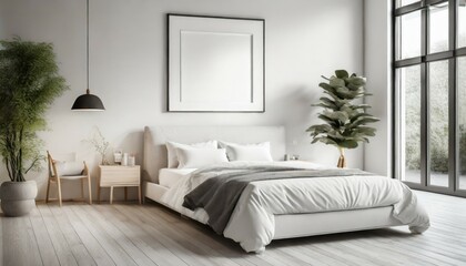 of stylish modern white bedroom with cozy bed and empty frame on wall