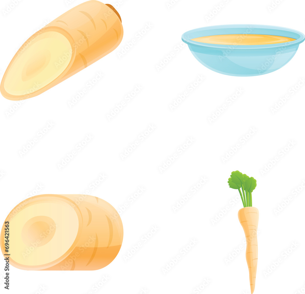 Poster parsnip dish icons set cartoon vector. fresh organic parsnip root. vegetarian vegetable