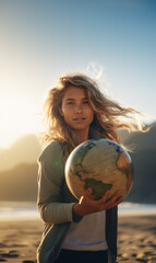 Beautiful young woman activist holding planet earth globe in her hand in climate action and environmental conservation concept