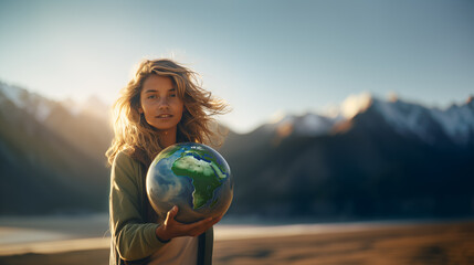 Beautiful young woman activist holding planet earth globe in her hand in climate action and environmental conservation concept - obrazy, fototapety, plakaty