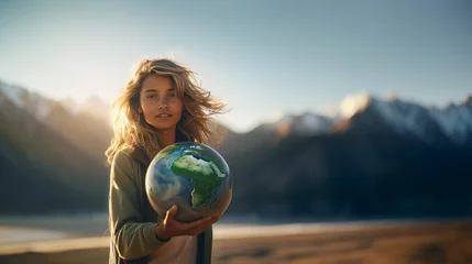 Fotobehang Beautiful young woman activist holding planet earth globe in her hand in climate action and environmental conservation concept © IBEX.Media