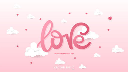 Love calligraphy with cloud in Valentine's Day on pink background , Flat Modern design , illustration Vector EPS 10