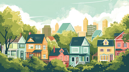 skyline of family colorful houses in sustainable city with green trees illustration - obrazy, fototapety, plakaty