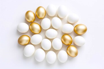 Easter white and golden eggs on white background. Banner, poster, card, postcard, wall paper. Eggs lay out in white and gold colors on white backdrop