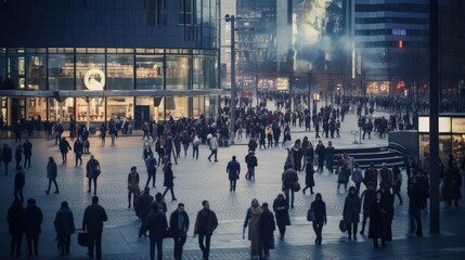 Busy urban square with people and modern architecture - obrazy, fototapety, plakaty