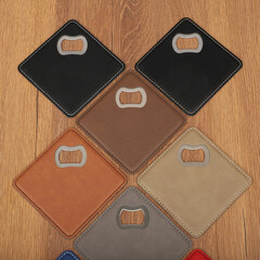 Coaster Bottle Opener, Leather Bottle Opener, top view, concept shoot, beer or drink opener and drink coaster