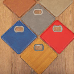 Coaster Bottle Opener, Leather Bottle Opener, top view, concept shoot, beer or drink opener and drink coaster