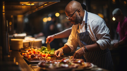 African american male chef preparing a meal in a restaurant kitchen. - obrazy, fototapety, plakaty