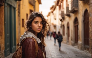 Obraz premium A young female traveler exploring the charming streets of an ancient town in Spain. A solo backpacker on an adventurous journey 