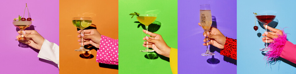 Banner. Creative collage. Female hand holding glasses of delicious cocktails isolated multicolored background. Mixed tastes. Concept of pop art, party mood, alcohol, celebration, holidays.