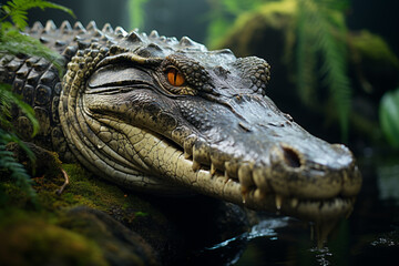 Obraz premium A crocodile lurking near the edge of a water body, waiting for its prey.