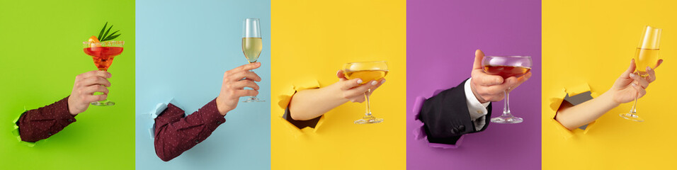 Banner. Creative collage. Hands with cocktail glass breaks through multicolored paper background. Modern fashion photo. Ad. Concept of pop art, party mood, alcohol, celebration, holidays.