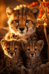 Obraz premium An intimate moment of a cheetah mother nurturing her cubs in the shade.