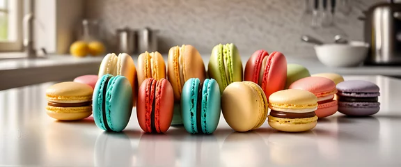 Keuken spatwand met foto Macarons of various colors placed on the kitchen table Generative Ai © feelsogood