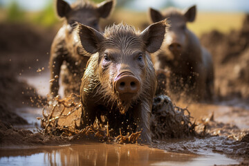 A heartwarming scene of a family of warthogs playing in the mud. - obrazy, fototapety, plakaty