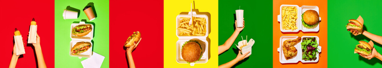 Modern collage. set of Assorted take out fast foods. female hands holds burgers, hot dogs and fries potato against multicolored background. Concept of food and hot drink, restaurant menu, delivery.