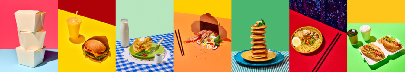 Collage. set with pancakes with milk and souse, burgers, hot dogs, Asian food like online order for breakfast against multicolored background. Concept of food, breakfast, catering, restaurant menu.