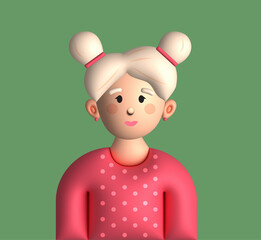 3D girl avatar with blond hairs and pink blouse,   cute  face smile,   young school teen  cartoon character. kindergarten head collection. Render.