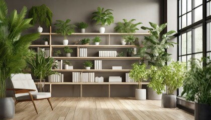 a contemporary style bookshelf adorned with plants that serves as a modern decorative element for virtual office backdrops studio backgrounds or can be printed in a large format to enhance a back - obrazy, fototapety, plakaty