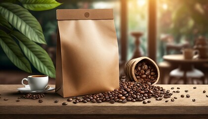 brown coffee paper bag packaging mockup with spilled coffee beans on a coffee table photoshop mockup psd mockup marketing packaging mockup