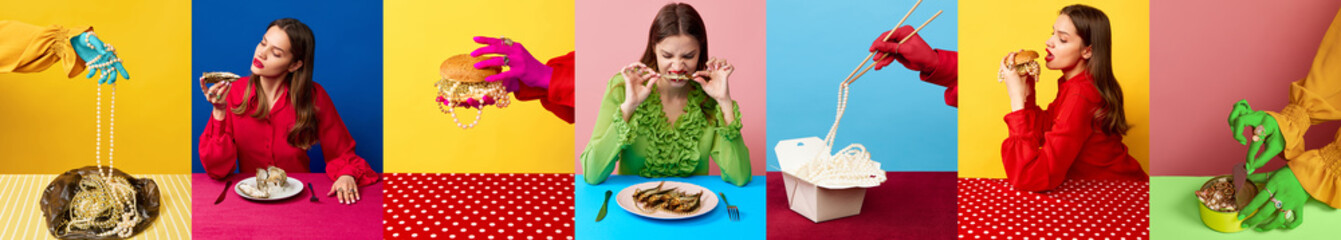 collage made of portraits and cropped photos of woman who eating jewelry like delicious and tasty dishes against multicolored background. Concept of food, breakfast, catering, luxury restaurant, menu.