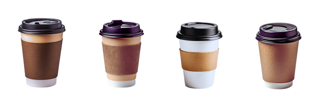  Set of Photo of a coffee cup with a black lid, isolated over a transparent background
