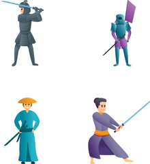 Samurai icons set cartoon vector. Japanese samurai warrior with sword. Asia tradition and culture