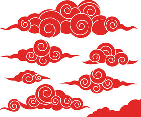 Set of red Chinese style clouds. Traditional Chinese cloud silhouettes with curves and swirls. Flat decorative isolated elements for new year designs.