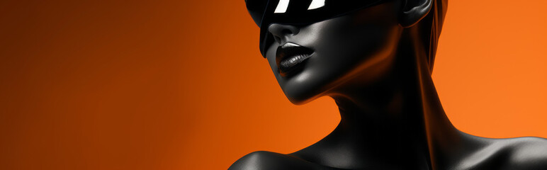 Woman or girl in a black rabbit mask made from leather rubber or latex. Erotic fetish scene, banner. Adult industry concept for website