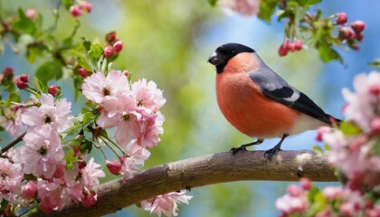 male eurasian bullfinch pyrrhula pyrrhula on a branch with pink flowers on a beautiful day in may