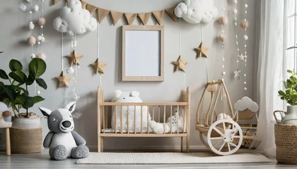 Poster the modern scandinavian newborn baby room with mock up photo frame wooden car plush rhino and clouds hanging cotton flags and white stars minimalistic and cozy interior with white walls real photo © Joseph