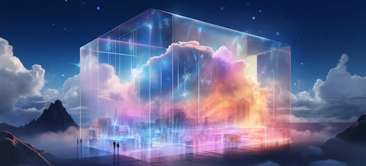 Illustrate a glass prism with a cloud of digital data inside, highlighting the idea
