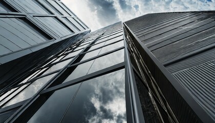 perspective of high rise building and dark steel window system with clouds reflected on the glass business concept of future architecture lookup to the angle of the building corner 3d rendering